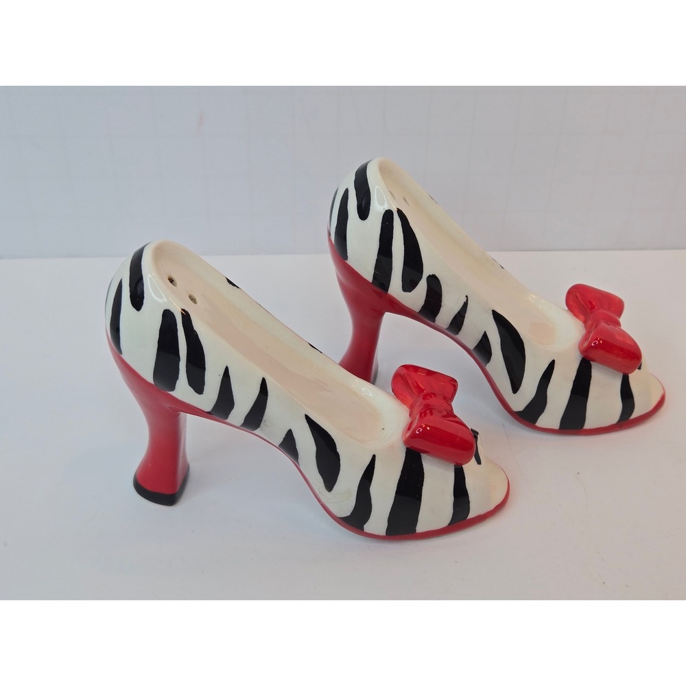 Zebra Print High Heel Shoe Salt and Pepper Shaker Set Ceramic Red Bow Accent
